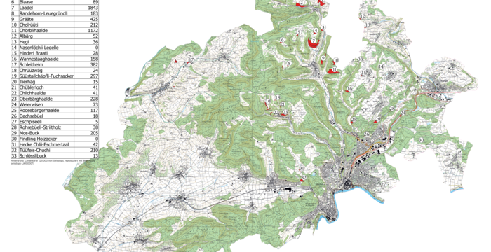 Übersichtskarte der 33 Schutzgebiete von Pro Natura Schaffhausen